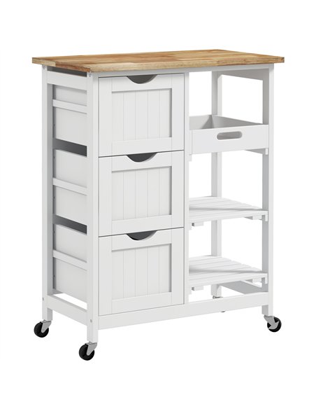 HOMCOM Rolling Kitchen Island Cart, Bar Serving Cart, Compact Trolley on Wheels with Wood Top, Shelves & Drawers for Home Dining