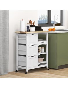 HOMCOM Rolling Kitchen Island Cart, Bar Serving Cart, Compact Trolley on Wheels with Wood Top, Shelves & Drawers for Home Dining 2