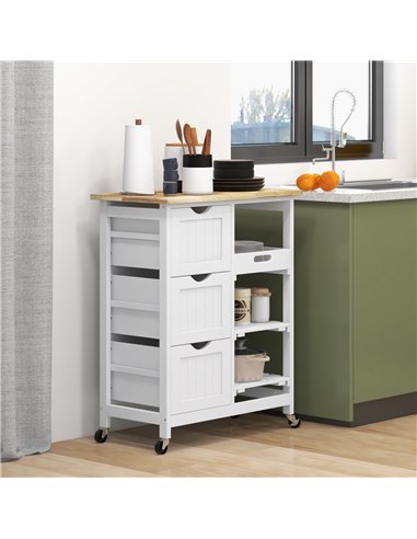 HOMCOM Rolling Kitchen Island Cart, Bar Serving Cart, Compact Trolley on Wheels with Wood Top, Shelves & Drawers for Home Dining