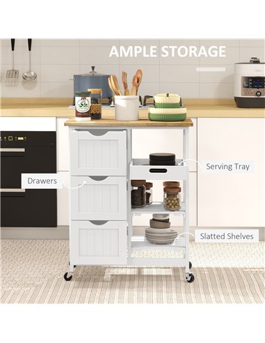 HOMCOM Rolling Kitchen Island Cart, Bar Serving Cart, Compact Trolley on Wheels with Wood Top, Shelves & Drawers for Home Dining