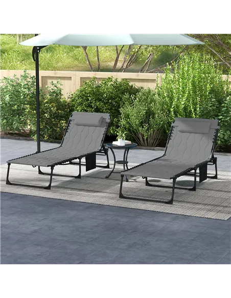 Outsunny Set of Two Sun Loungers, with Five-Position Reclining Backs - Grey