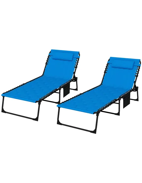 Outsunny Set of Two Sun Loungers, with Five-Position Reclining Backs - Blue