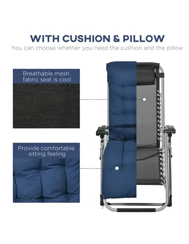 Outsunny 2pc Reclining Zero Gravity Sun Loungers ,Folding Chaise Lounge Chair with Cushions, Blue