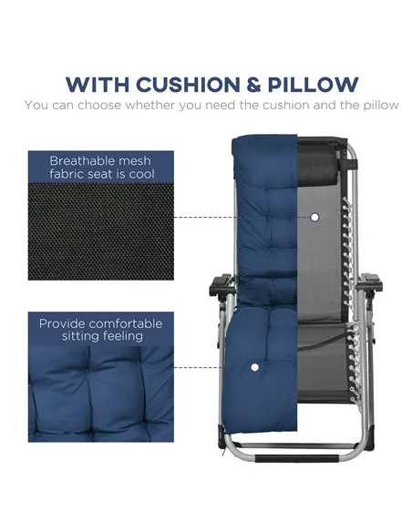 Outsunny 2pc Reclining Zero Gravity Sun Loungers ,Folding Chaise Lounge Chair with Cushions, Blue