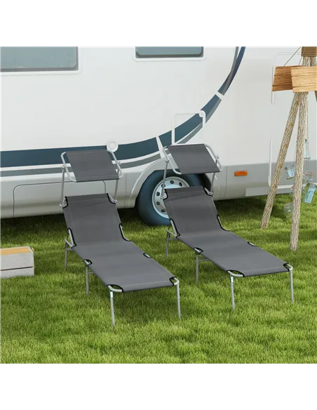 Outsunny Outdoor Foldable Sun Lounger Set of 2, 4 Level Adjustable Backrest Reclining Sun Lounger Chair with Angle Adjust Sun Sh