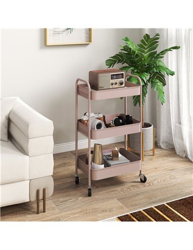 HOMCOM Three-Tier Steel Storage Trolley - Pink