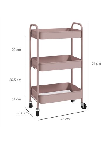 HOMCOM Three-Tier Steel Storage Trolley - Pink