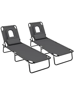 Outsunny Outdoor Folding Sun Lounger Set of 2 with Face Hole, 4 Level Adjustable Backrest Reclining Garden Lounger, Garden Recli