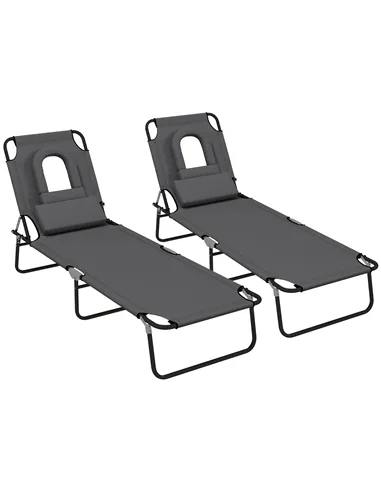 Outsunny Outdoor Folding Sun Lounger Set of 2 with Face Hole, 4 Level Adjustable Backrest Reclining Garden Lounger, Garden Recli