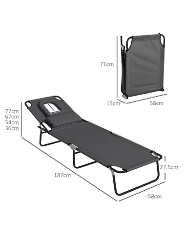 Outsunny Outdoor Folding Sun Lounger Set of 2 with Face Hole, 4 Level Adjustable Backrest Reclining Garden Lounger, Garden Recli