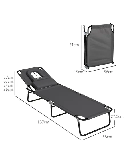 Outsunny Outdoor Folding Sun Lounger Set of 2 with Face Hole, 4 Level Adjustable Backrest Reclining Garden Lounger, Garden Recli