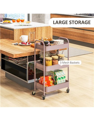 HOMCOM Three-Tier Steel Storage Trolley - Pink