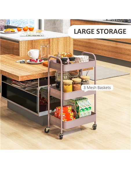 HOMCOM Three-Tier Steel Storage Trolley - Pink