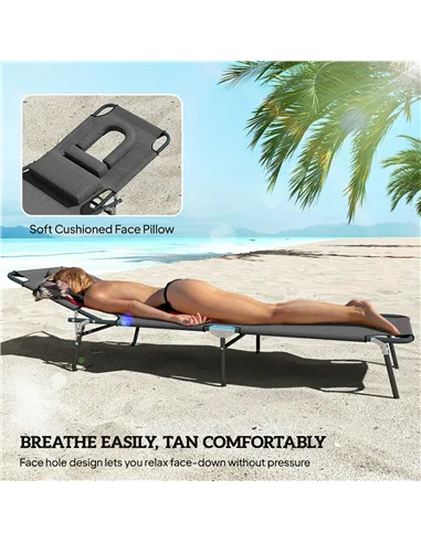 Outsunny Outdoor Folding Sun Lounger Set of 2 with Face Hole, 4 Level Adjustable Backrest Reclining Garden Lounger, Garden Recli