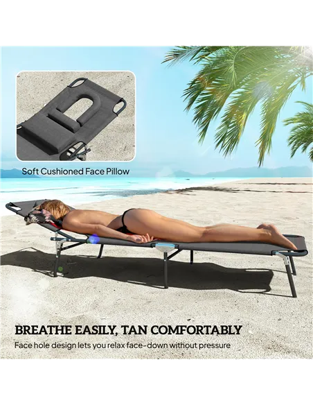 Outsunny Outdoor Folding Sun Lounger Set of 2 with Face Hole, 4 Level Adjustable Backrest Reclining Garden Lounger, Garden Recli