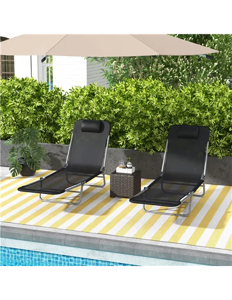 Outsunny Set of Two Steel Frame Sun Loungers, with Reclining Backs - Black