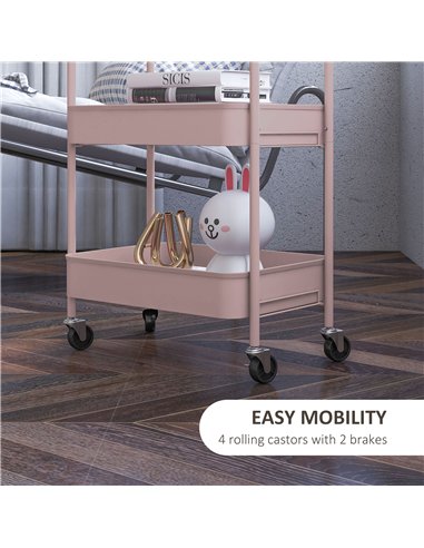 HOMCOM Three-Tier Steel Storage Trolley - Pink