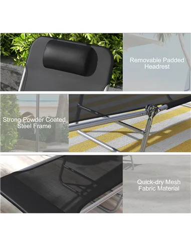 Outsunny Set of Two Steel Frame Sun Loungers, with Reclining Backs - Black
