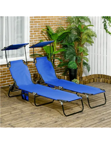 Outsunny Set of Two Folding Sun Loungers, with Adjustable Backs and Sun Canopies - Blue