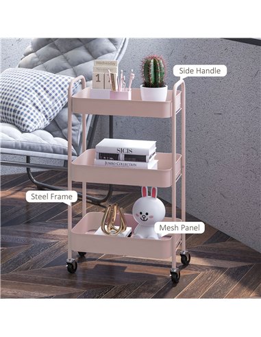 HOMCOM Three-Tier Steel Storage Trolley - Pink