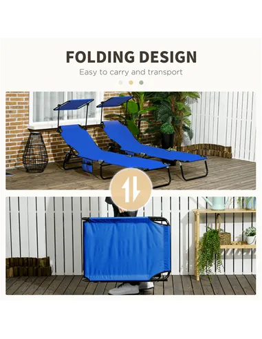 Outsunny Set of Two Folding Sun Loungers, with Adjustable Backs and Sun Canopies - Blue