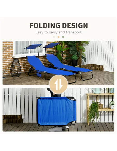 Outsunny Set of Two Folding Sun Loungers, with Adjustable Backs and Sun Canopies - Blue