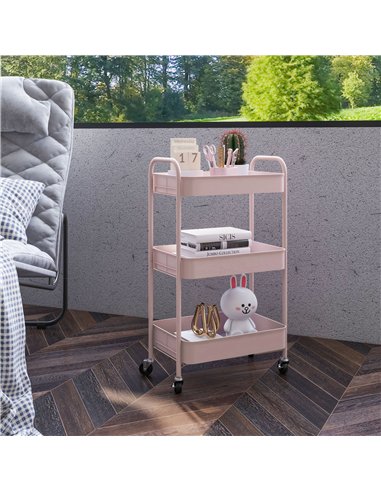 HOMCOM Three-Tier Steel Storage Trolley - Pink