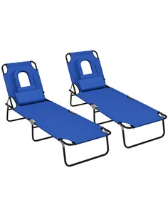 Outsunny Outdoor Folding Sun Lounger Set of 2 with Face Hole, 4 Level Adjustable Backrest Reclining Garden Lounger, Garden Recli