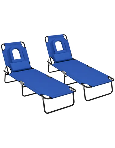Outsunny Outdoor Folding Sun Lounger Set of 2 with Face Hole, 4 Level Adjustable Backrest Reclining Garden Lounger, Garden Recli