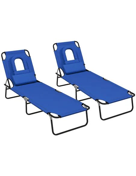 Outsunny Outdoor Folding Sun Lounger Set of 2 with Face Hole, 4 Level Adjustable Backrest Reclining Garden Lounger, Garden Recli