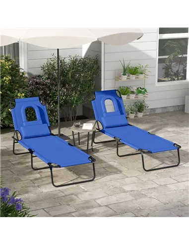 Outsunny Outdoor Folding Sun Lounger Set of 2 with Face Hole, 4 Level Adjustable Backrest Reclining Garden Lounger, Garden Recli