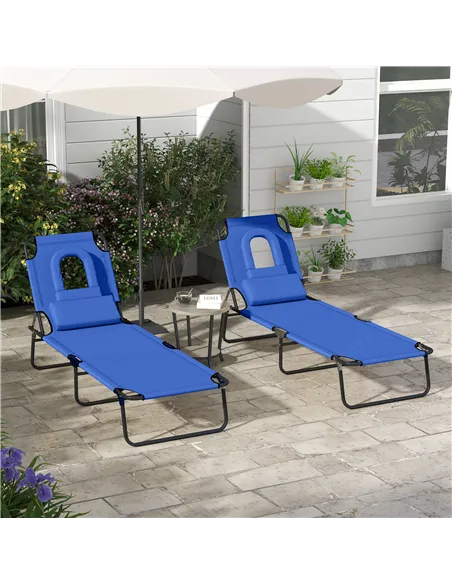 Outsunny Outdoor Folding Sun Lounger Set of 2 with Face Hole, 4 Level Adjustable Backrest Reclining Garden Lounger, Garden Recli