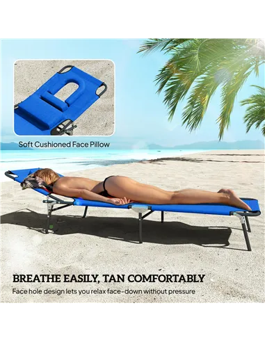 Outsunny Outdoor Folding Sun Lounger Set of 2 with Face Hole, 4 Level Adjustable Backrest Reclining Garden Lounger, Garden Recli