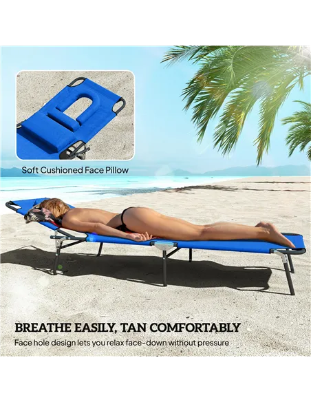 Outsunny Outdoor Folding Sun Lounger Set of 2 with Face Hole, 4 Level Adjustable Backrest Reclining Garden Lounger, Garden Recli