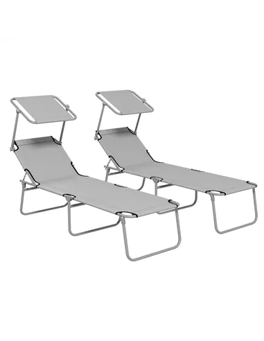 Outsunny Outdoor Foldable Sun Lounger Set of 2, 4 Level Adjustable Backrest Reclining Sun Lounger Chair with Angle Adjust Sun Sh