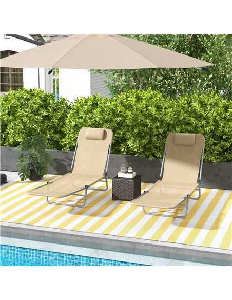Outsunny Set of Two Steel Frame Sun Loungers, with Reclining Backs - Brown