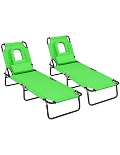 Outsunny Outdoor Folding Sun Lounger Set of 2 with Face Hole, 4 Level Adjustable Backrest Reclining Garden Lounger, Garden Recli