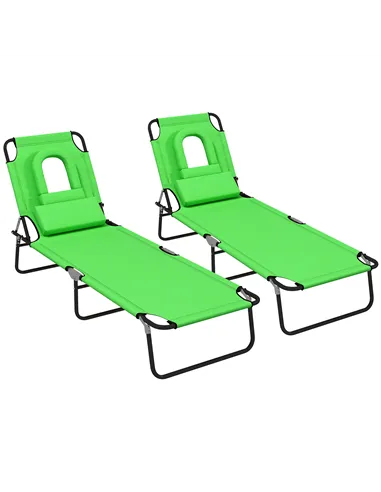 Outsunny Outdoor Folding Sun Lounger Set of 2 with Face Hole, 4 Level Adjustable Backrest Reclining Garden Lounger, Garden Recli