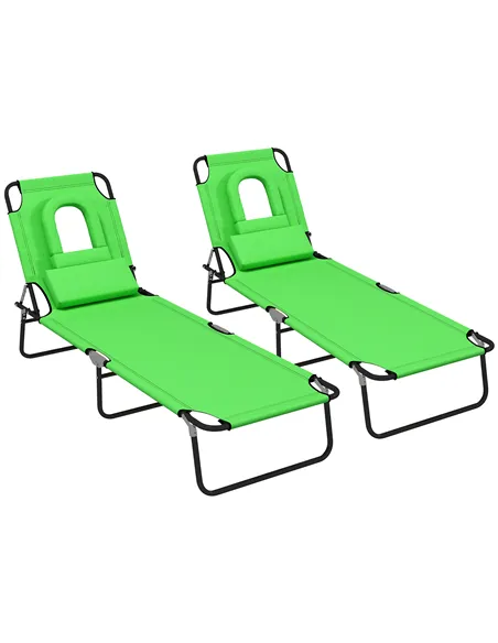 Outsunny Outdoor Folding Sun Lounger Set of 2 with Face Hole, 4 Level Adjustable Backrest Reclining Garden Lounger, Garden Recli