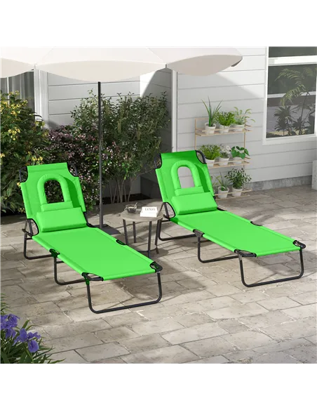 Outsunny Outdoor Folding Sun Lounger Set of 2 with Face Hole, 4 Level Adjustable Backrest Reclining Garden Lounger, Garden Recli