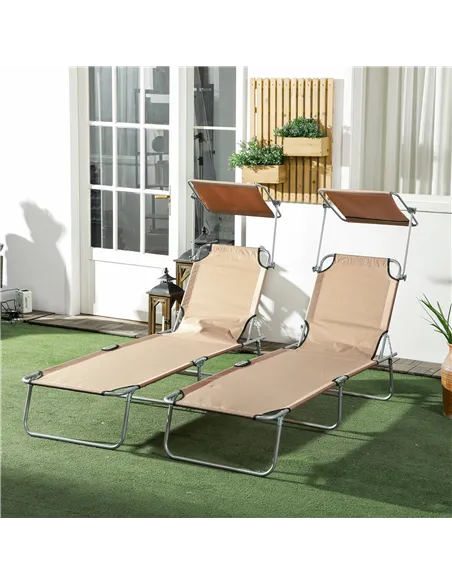 Outsunny Outdoor Foldable Sun Lounger Set of 2, 4 Level Adjustable Backrest Reclining Sun Lounger Chair with Angle Adjust Sun Sh