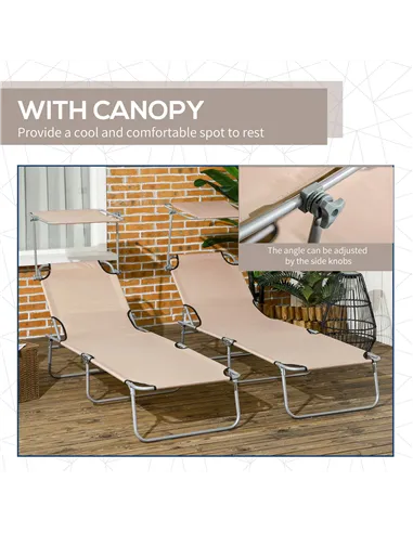 Outsunny Outdoor Foldable Sun Lounger Set of 2, 4 Level Adjustable Backrest Reclining Sun Lounger Chair with Angle Adjust Sun Sh