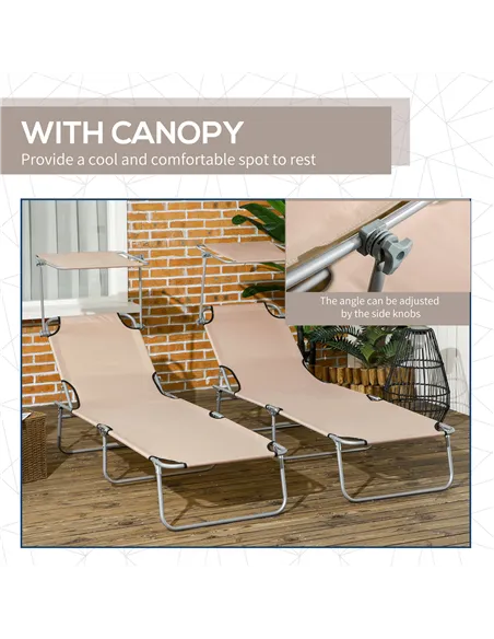 Outsunny Outdoor Foldable Sun Lounger Set of 2, 4 Level Adjustable Backrest Reclining Sun Lounger Chair with Angle Adjust Sun Sh