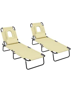 Outsunny Outdoor Folding Sun Lounger Set of 2 with Face Hole, 4 Level Adjustable Backrest Reclining Garden Lounger, Garden Recli