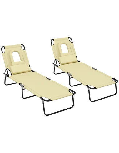 Outsunny Outdoor Folding Sun Lounger Set of 2 with Face Hole, 4 Level Adjustable Backrest Reclining Garden Lounger, Garden Recli