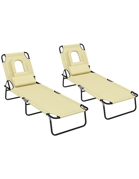 Outsunny Outdoor Folding Sun Lounger Set of 2 with Face Hole, 4 Level Adjustable Backrest Reclining Garden Lounger, Garden Recli