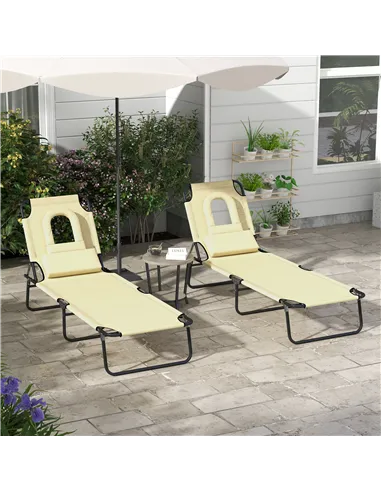 Outsunny Outdoor Folding Sun Lounger Set of 2 with Face Hole, 4 Level Adjustable Backrest Reclining Garden Lounger, Garden Recli