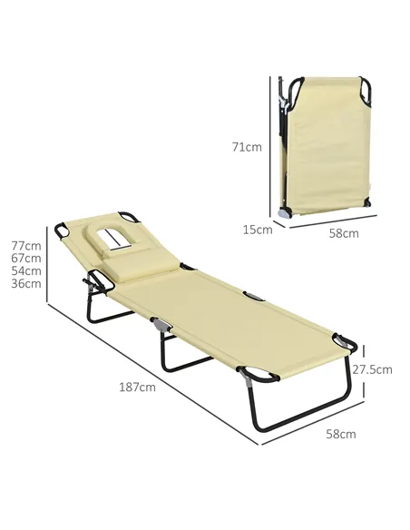 Outsunny Outdoor Folding Sun Lounger Set of 2 with Face Hole, 4 Level Adjustable Backrest Reclining Garden Lounger, Garden Recli