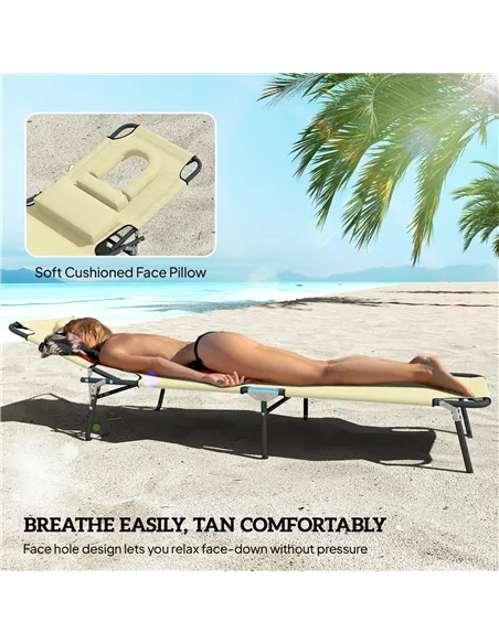 Outsunny Outdoor Folding Sun Lounger Set of 2 with Face Hole, 4 Level Adjustable Backrest Reclining Garden Lounger, Garden Recli