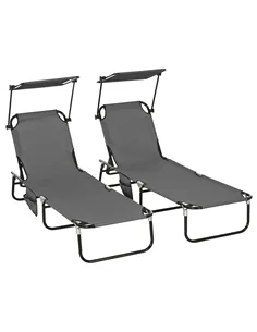 Outsunny Set of Two Folding Sun Loungers, with Adjustable Backs and Sun Canopies - Grey